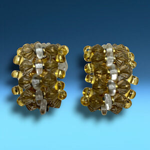 Vintage 1980s Earrings Beaded Acrylic Semi Hoop Cluster Clip On Huggie Wrap